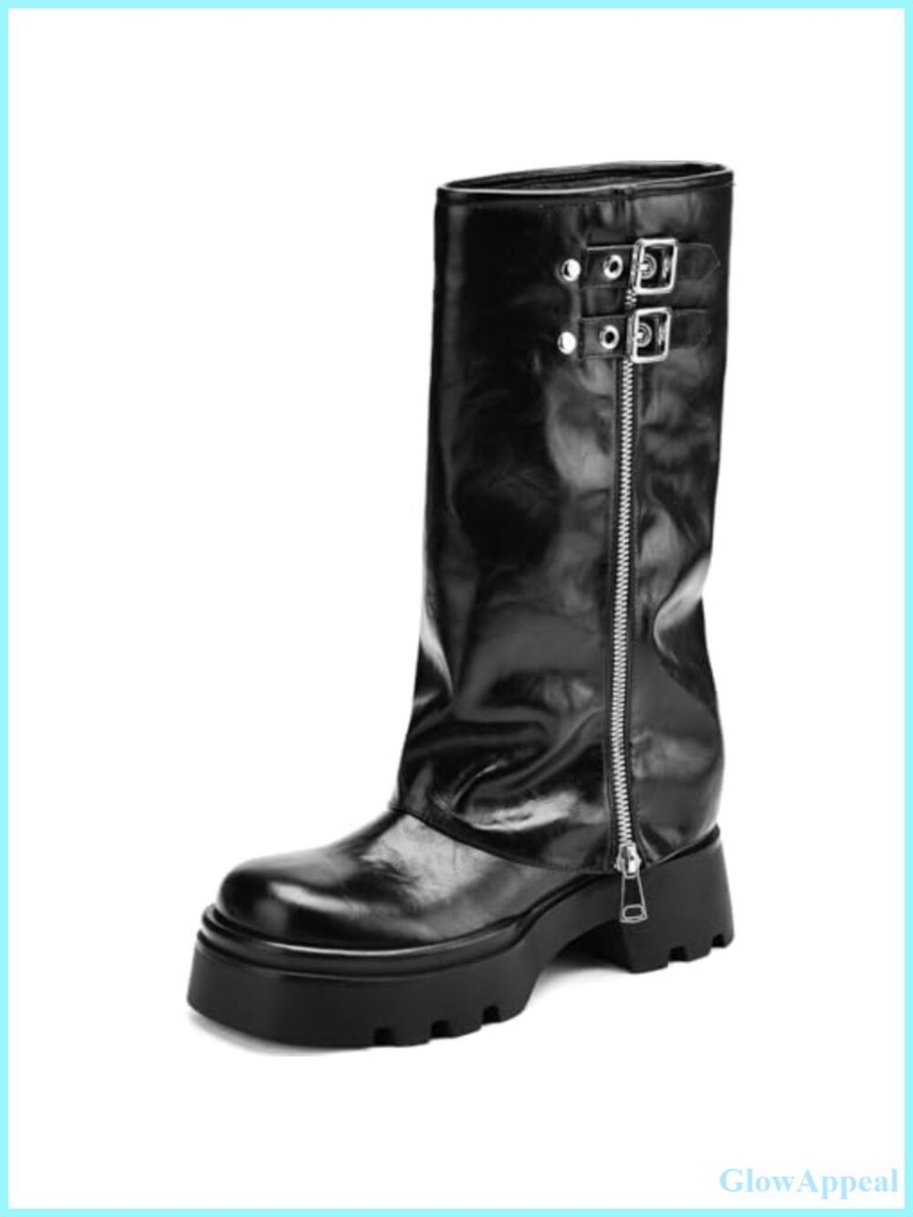 Women's Faux Leather Knee High Moto Boots Fold Over Block Heel Platform
